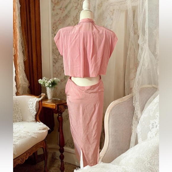 Vintage 1950s Dress Size M Wiggle Dress Baby Pink Ball Zipper Collared Cut Out - Picture 4 of 8